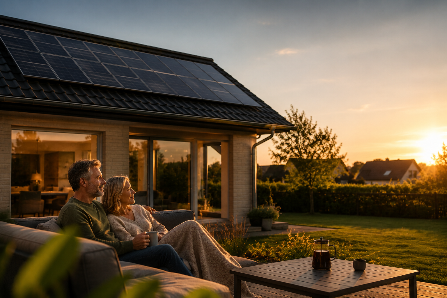 Familie på terrasse ved hus med solceller i aftensol