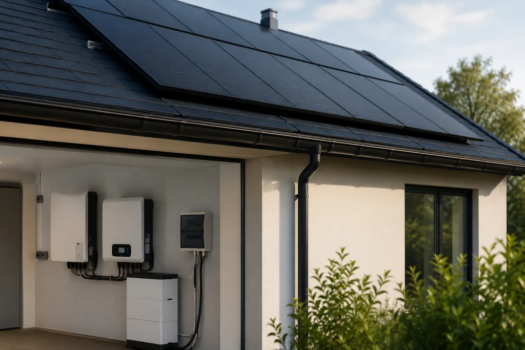 Inverter og batteri monteret på væg i carport under solcelletag