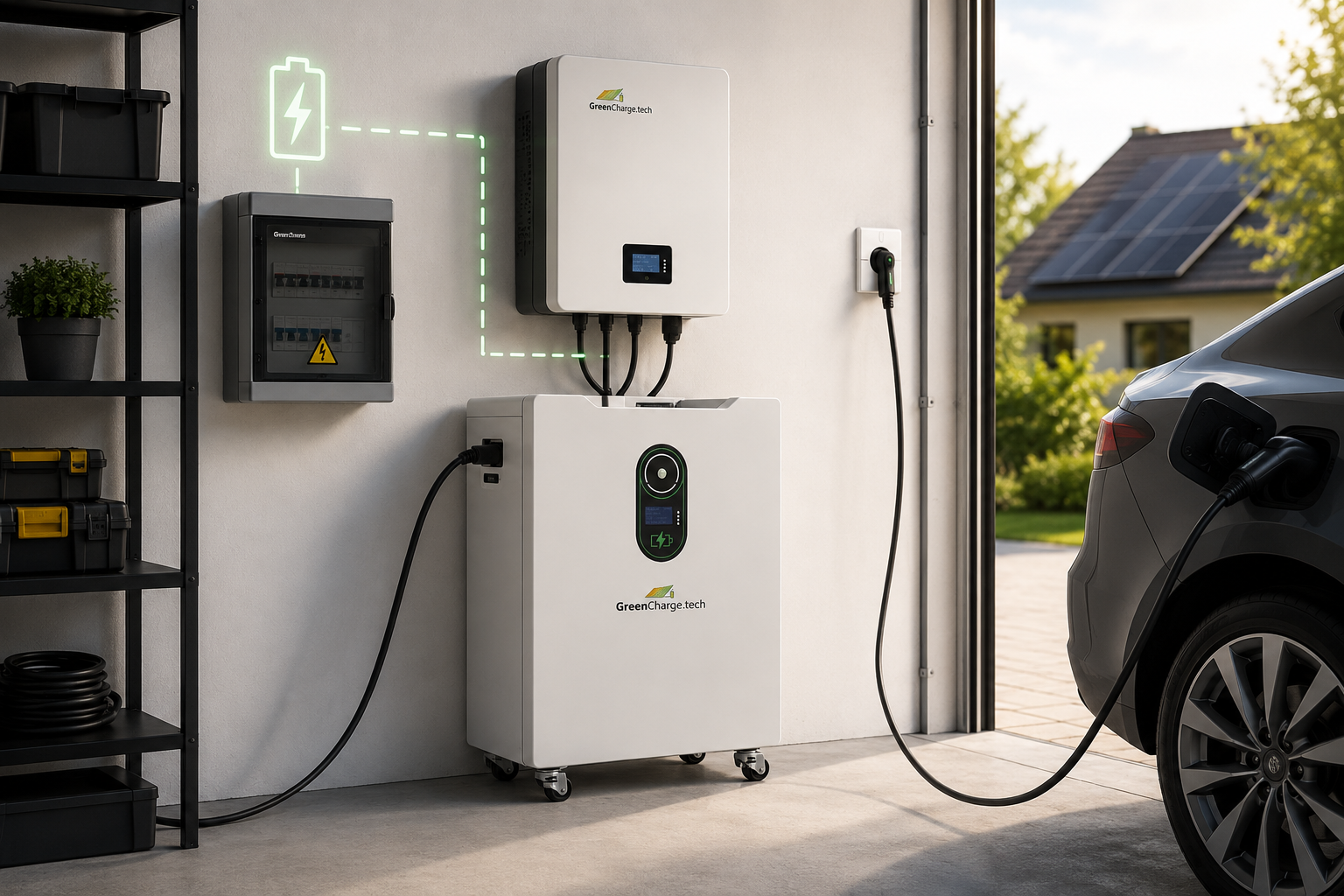 Husstandsbatteri og elbil-lader i carport med solceller