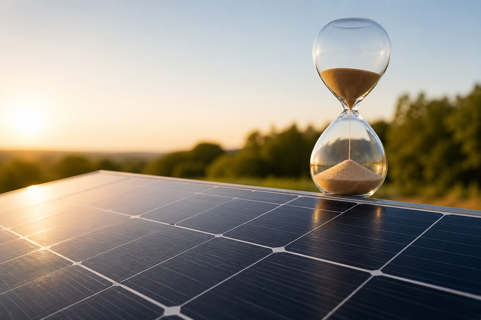 Timeglas på solcellepanel i solnedgang