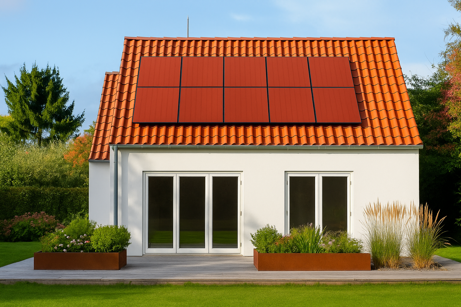 Privat bolig med røde solceller på tegltag