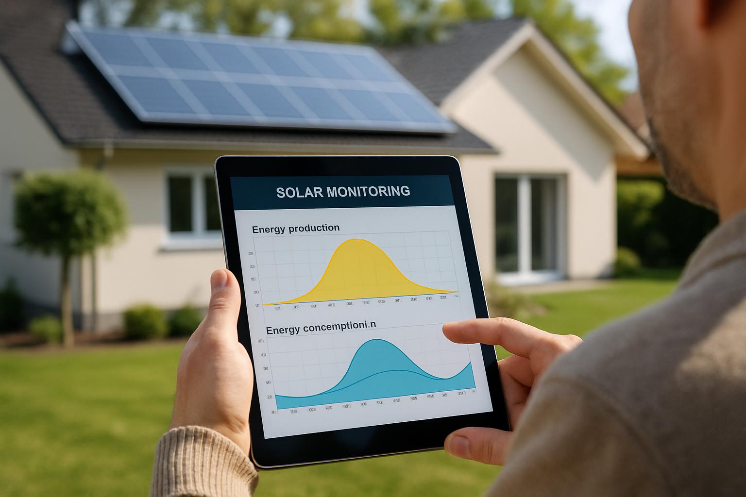 Tablet med overvågning af solcelleanlæggets produktion foran hus