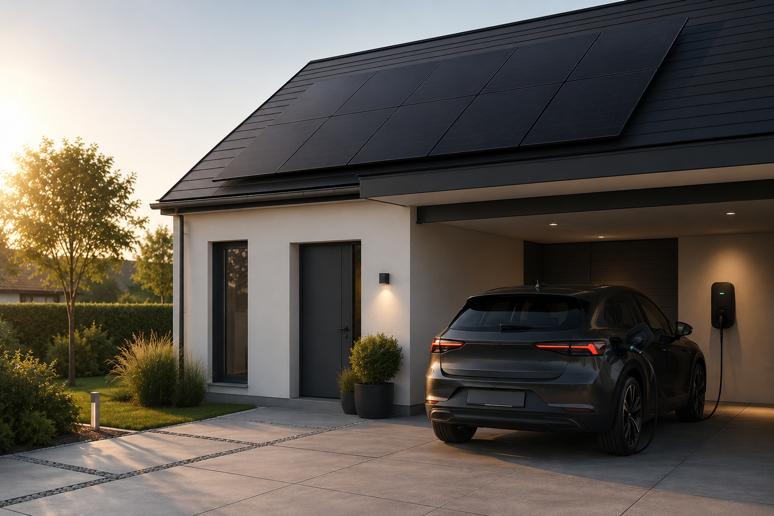 Elbil oplades ved hus med solceller på taget