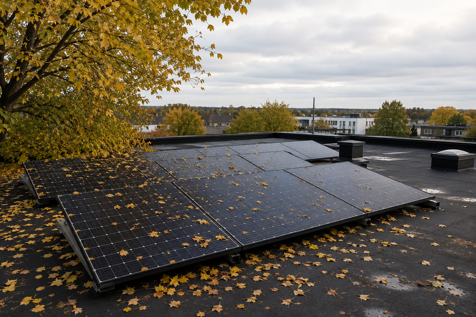 Solceller på fladt tag dækket af efterårsblade