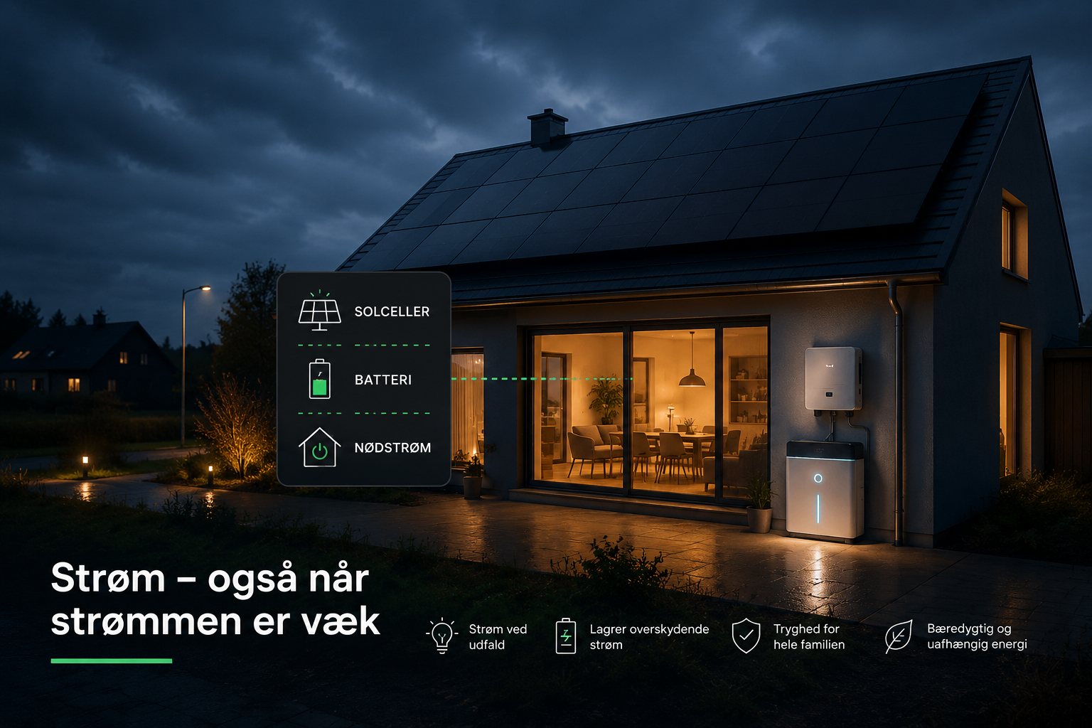 Hus med solceller og batteri, der har lys under strømafbrydelse