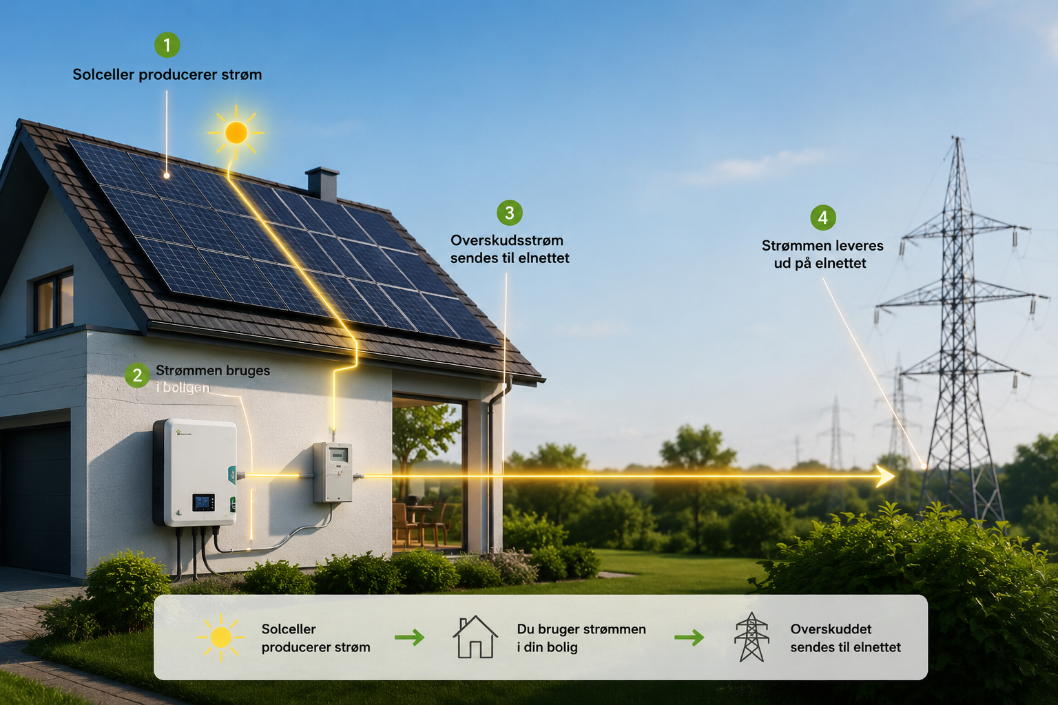 Illustration af hus, hvor solcellernes overskudsstrøm går til batteri og elnet