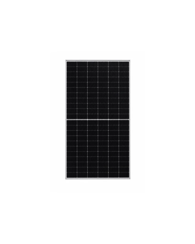 Solcellepanel med sølvramme og sorte celler, produktfoto
