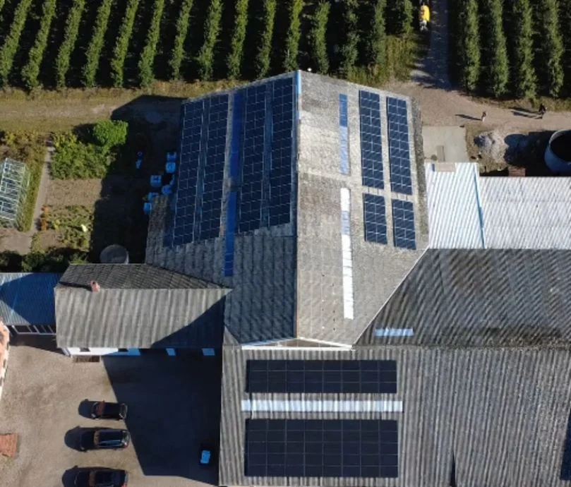 Dronefoto af stor driftsbygning med flere felter af solcellepaneler, omgivet af plantage