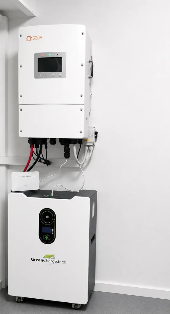 Solis-inverter på væg over gulvstående GreenCharge.tech-batteri